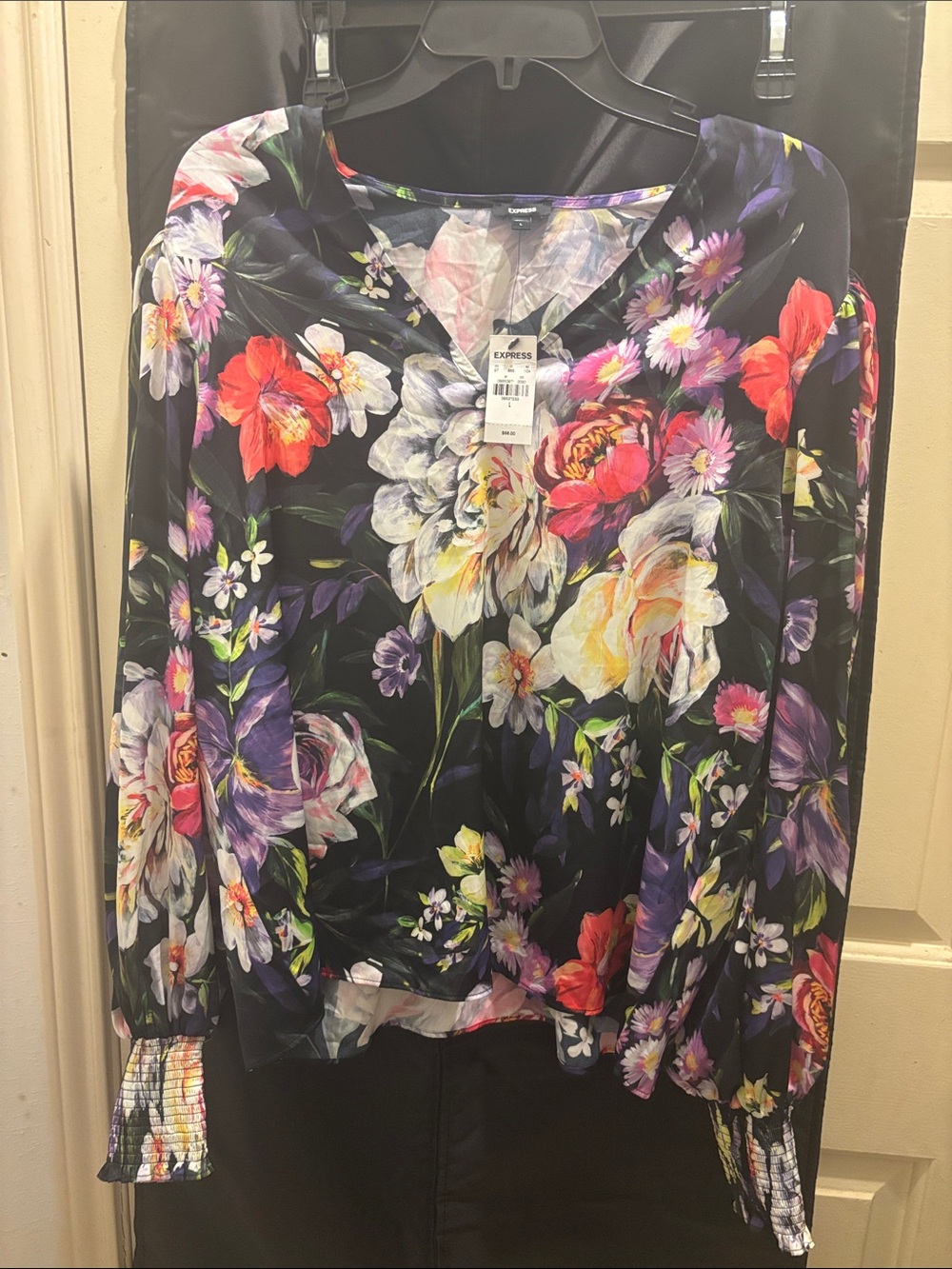 Express Black Floral V-Neck Blouse with Pink, Purple, Yellow & White Flowers